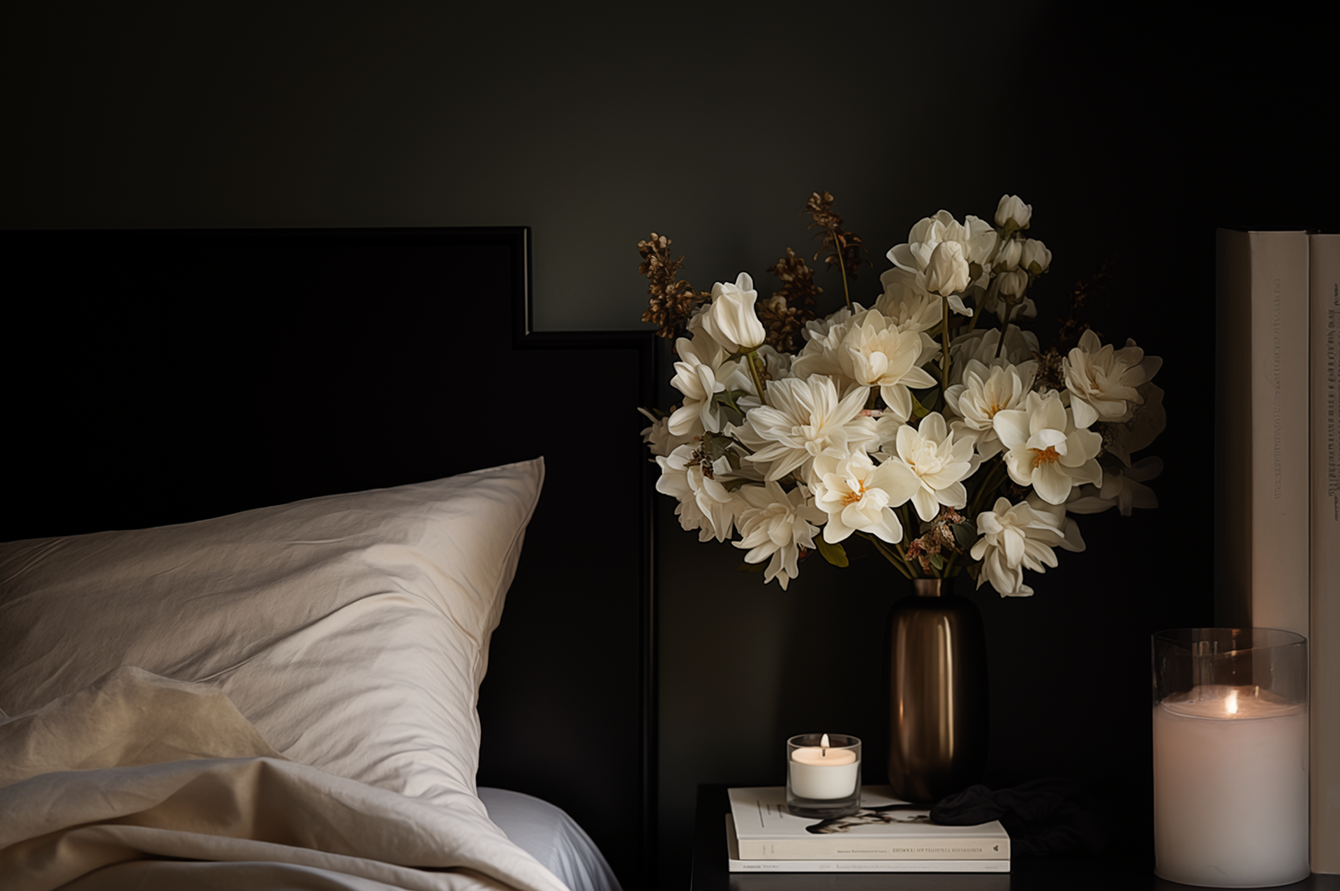A messy bed with white sheets and a bedside table with books candles and a vase of white flowers