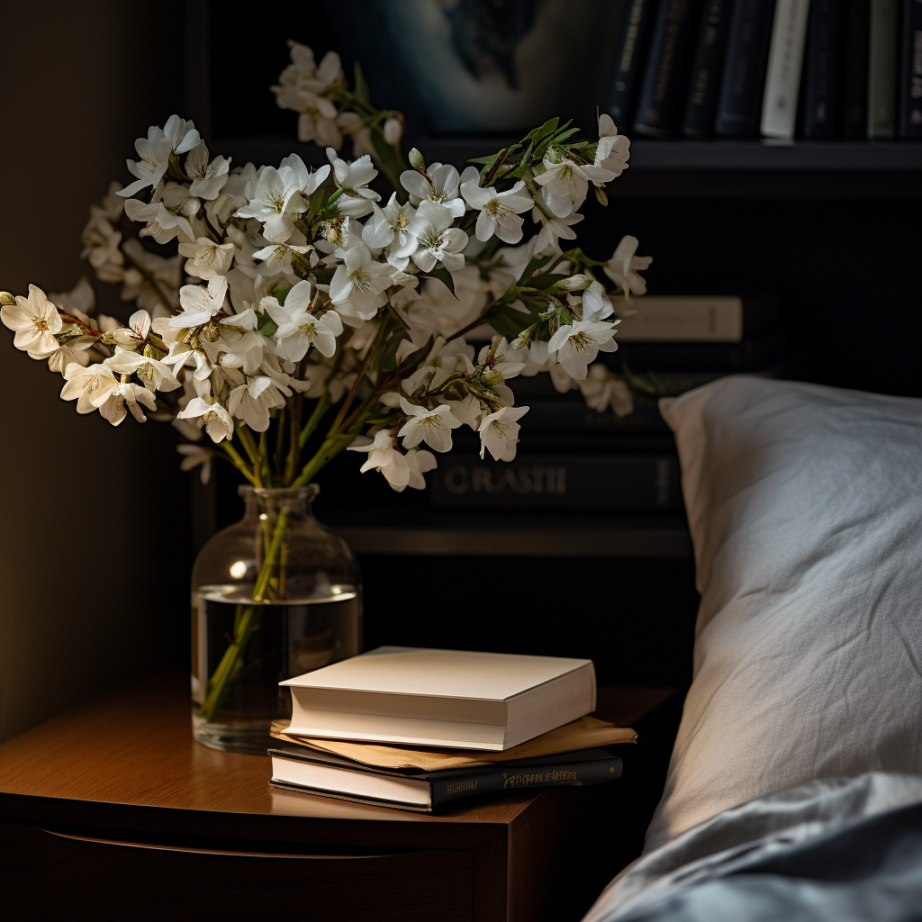 A cozy nighttime reading nook with a vase of fresh white blossoms placed on a wooden bedside table, alongside a stack of hardcover books and a plush pillow, inviting a peaceful reading session before sleep.