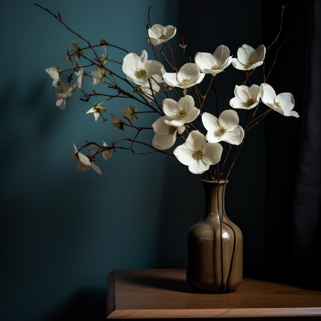 A vase of white dogwood flowers on a nightstand.